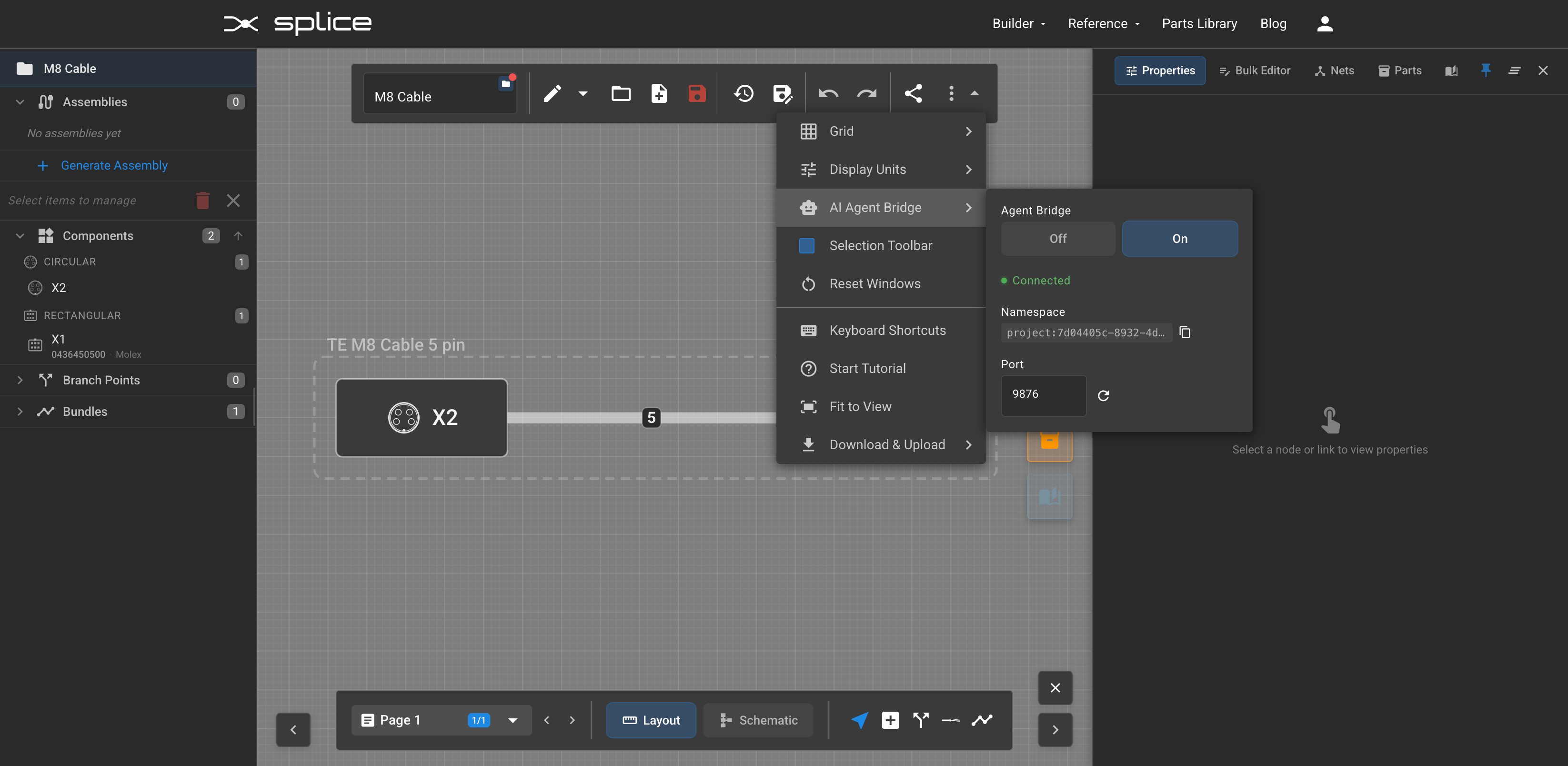 Splice CAD Settings showing the AI Agent Bridge toggle set to On with a connected status