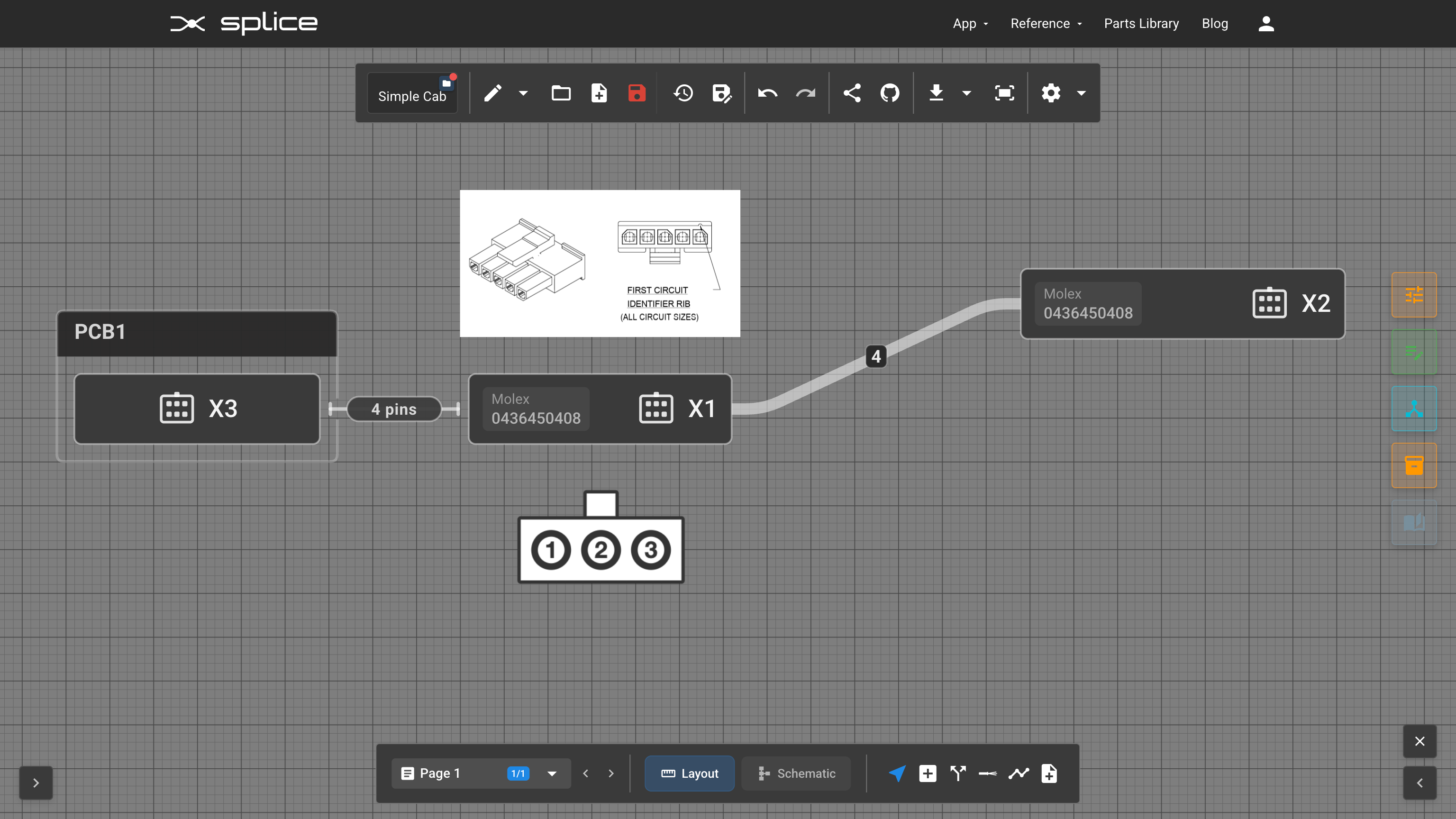 A connector datasheet drawing and a pinout symbol placed on the Project canvas alongside the connectors