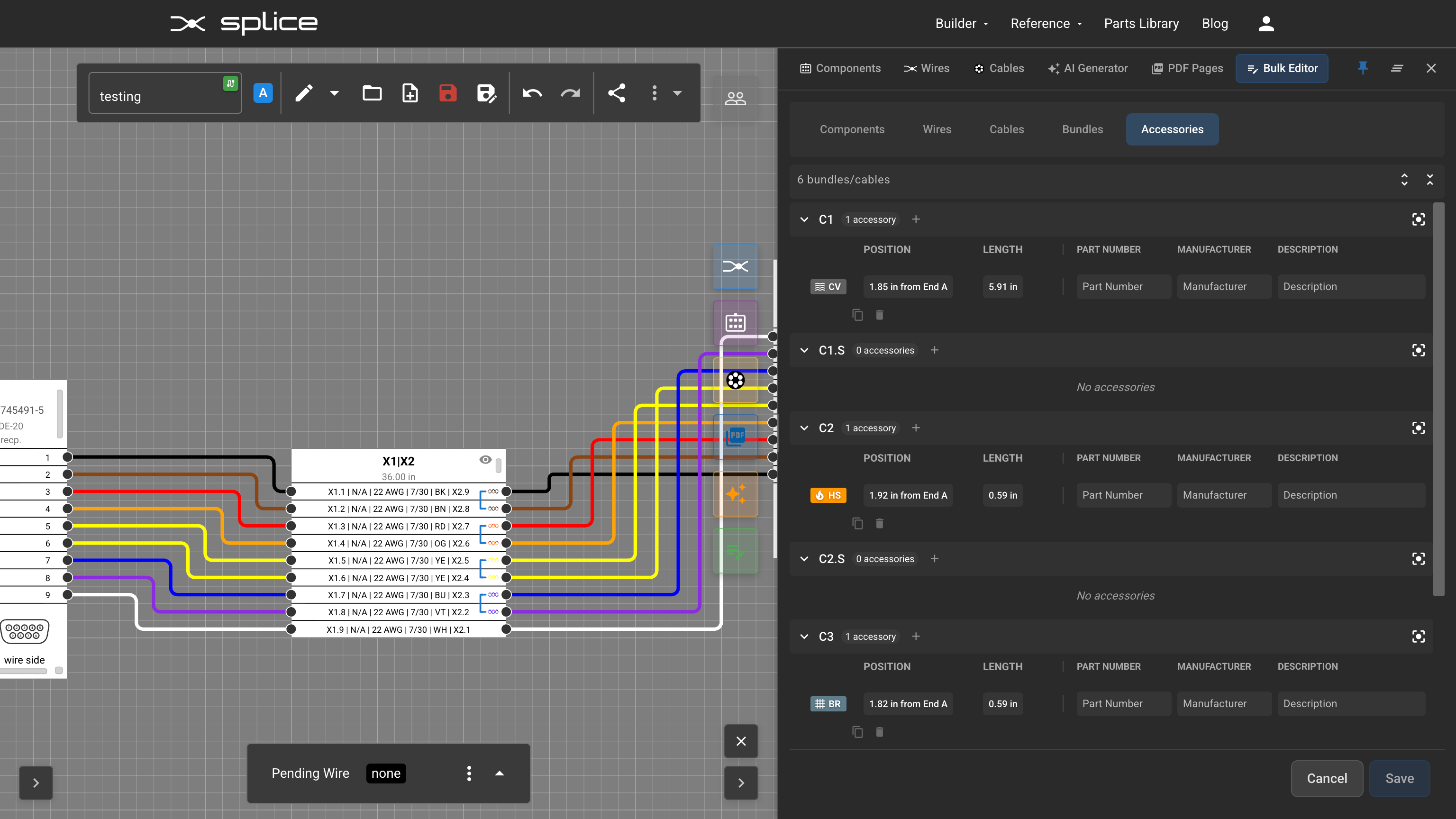 Accessories tab showing cable accessories with type badges, positions, and part details.