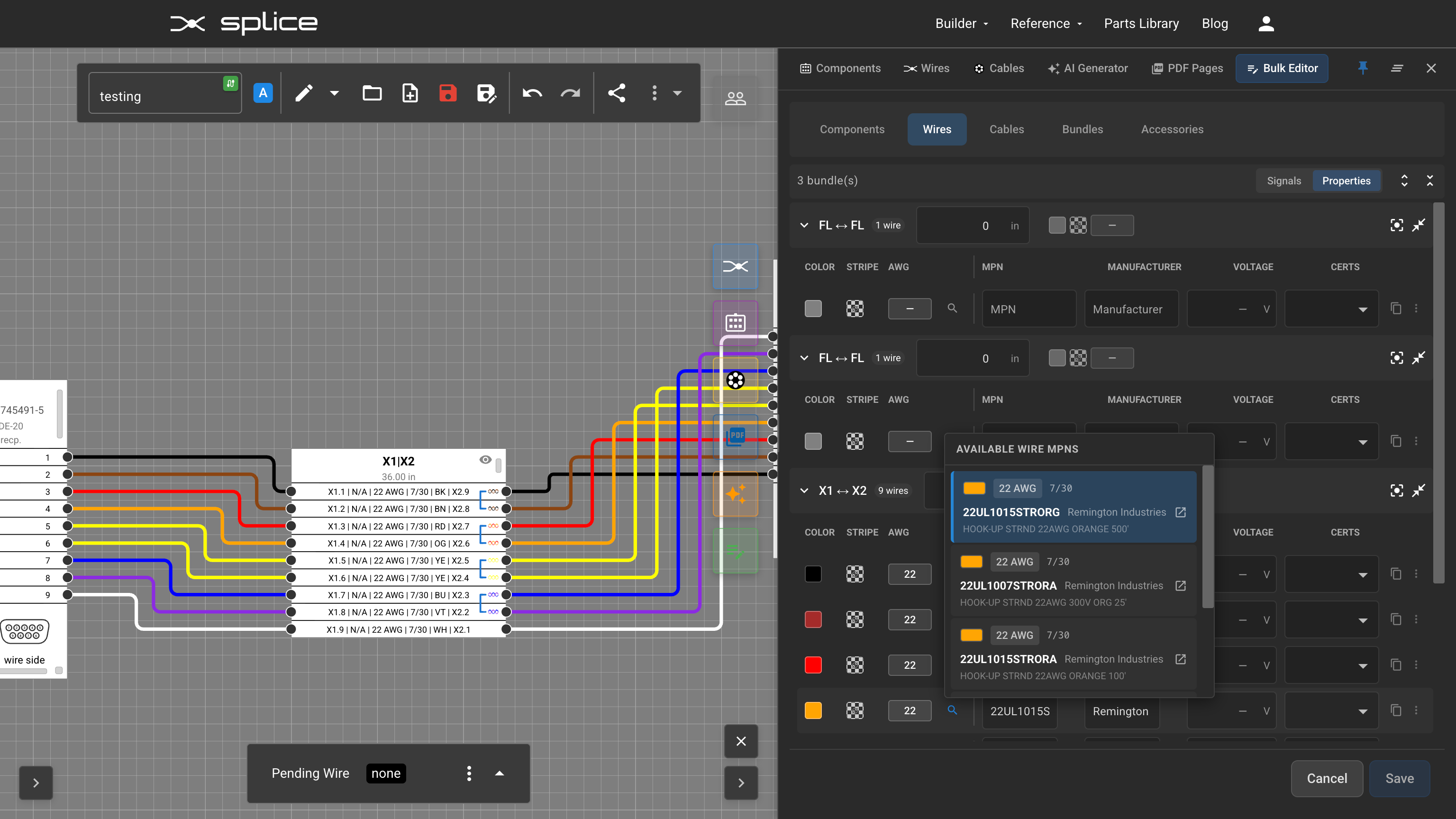 Bulk Edit Wires - wire part selection and assignment