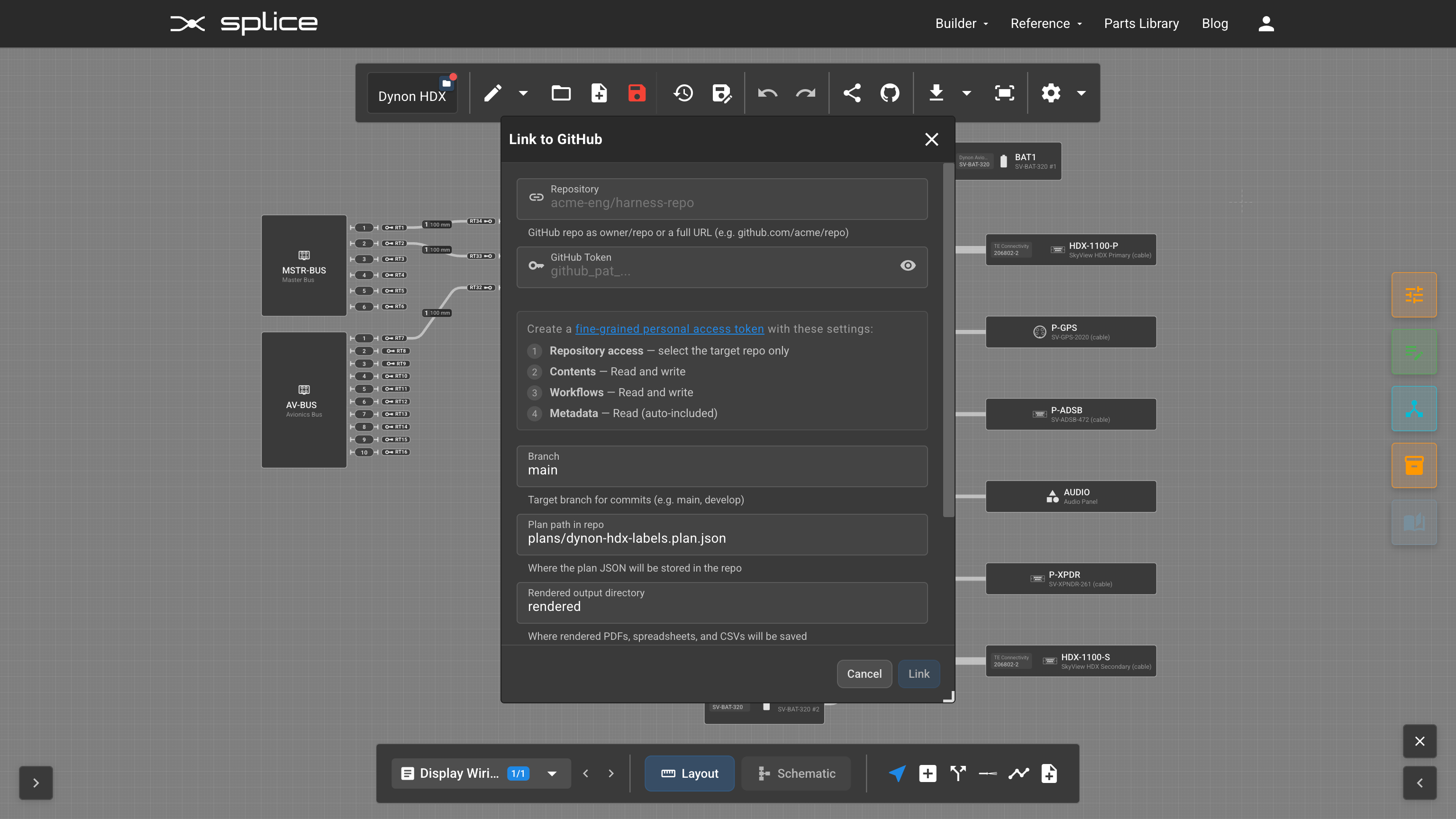 Link to GitHub dialog: Repository, GitHub Token with inline PAT permission checklist (Repository access, Contents, Workflows, Metadata), Branch, Plan path in repo, Rendered output directory.