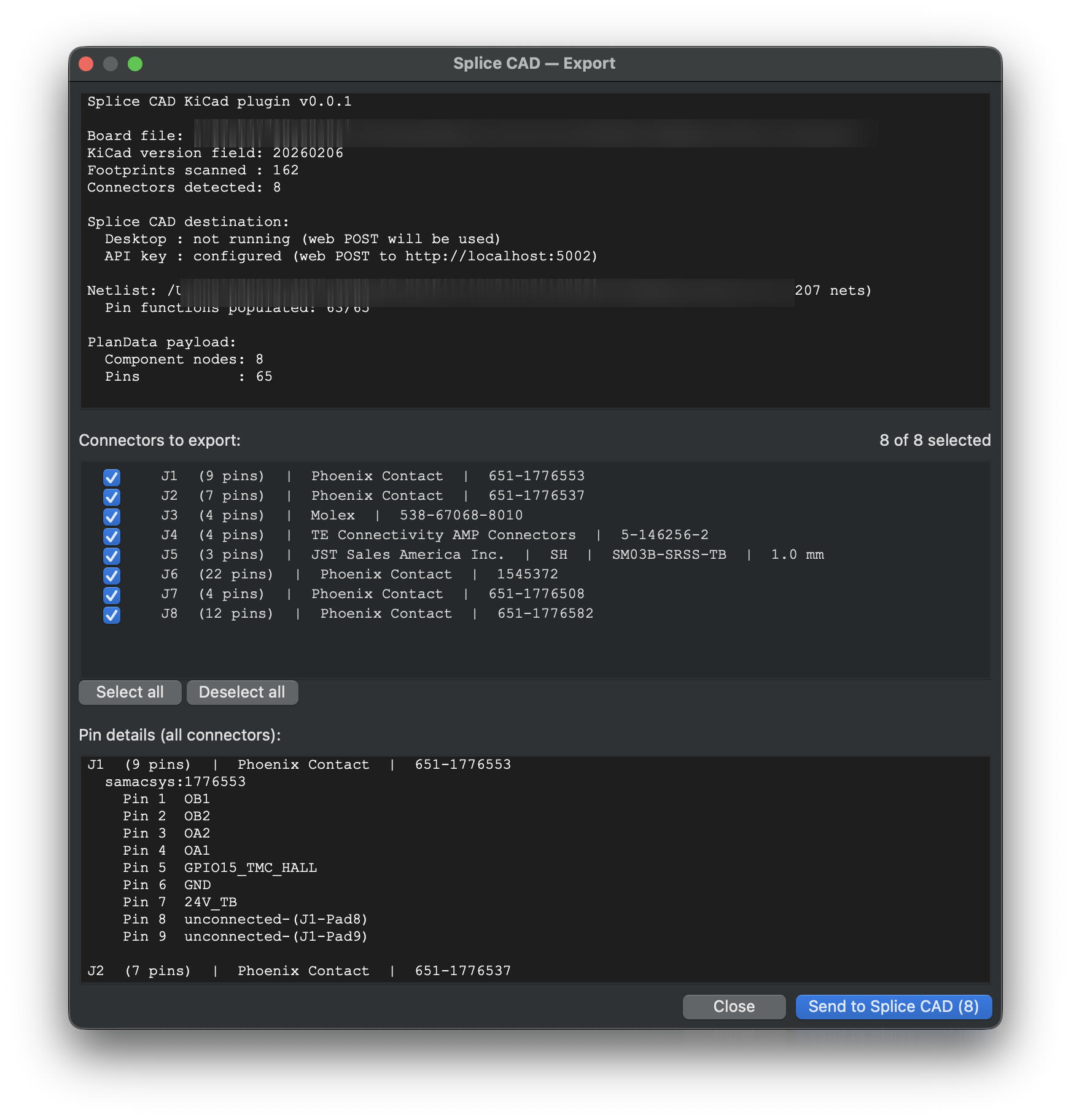 Splice CAD — Export preview: board summary (footprints scanned, connectors detected, netlist pin functions populated, PlanData node/pin counts), the per-connector checklist (J1–J8 with manufacturer + MPN), and the per-pin signal table.
