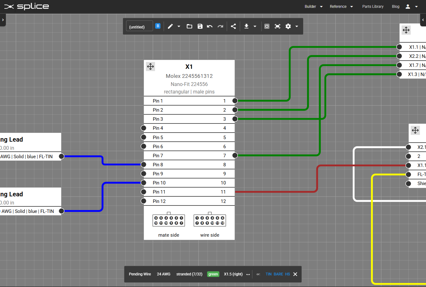 Click an unconnected pin, then a connector pin, flying-lead port, or cable core.